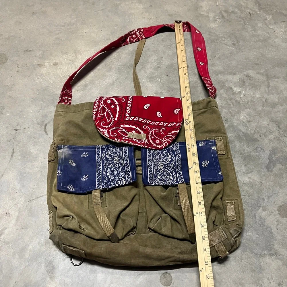 Handmade Czech Canvas Messenger Bag Blue Bandana Paisley Olive Green Crossbody